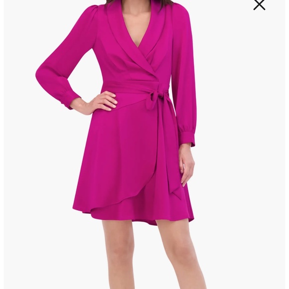 Shawl Collar Long Sleeve Satin Dress Vince Camuto - Picture 3 of 16